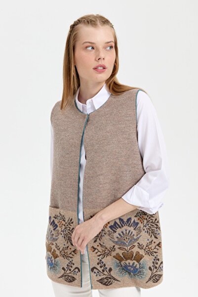 Desen Triko Women's Knitwear Open Front Araboy Wool Vest K.Beige