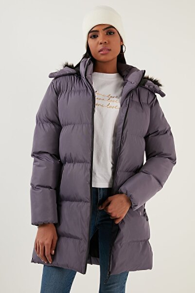 Lela Palton cu glugă detașabilă cu buzunar și guler de blană artificială 5761645