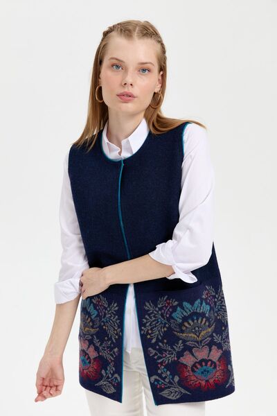 Desen Triko Women's Knitwear Open Front Araboy Wool Vest Y.A Navy Blue