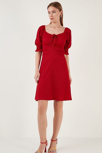 Lela Crinkle Gathered V-Neck Sleeves Gipe Dress Dress 5865034