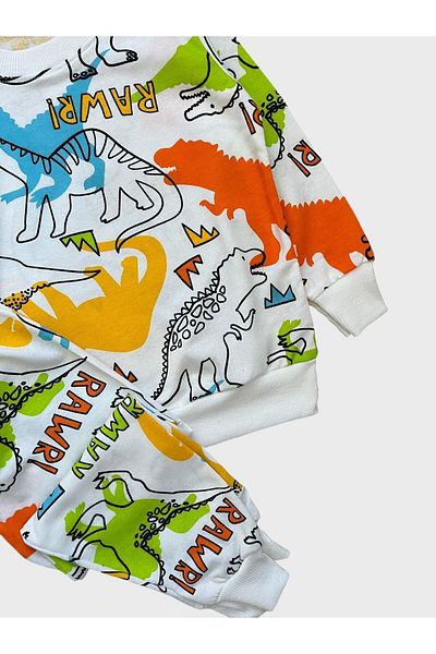 ALİŞ KİDS Set de pijamale sezonier cu mâneci lungi cu imprimeu de dinozauri de culoare albă din bumbac pentru băieți
