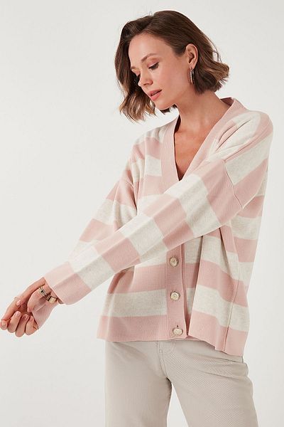 Lela V-neck Striped Soft Acrylic Cardigan - Regular Fit Cardigan 4615188