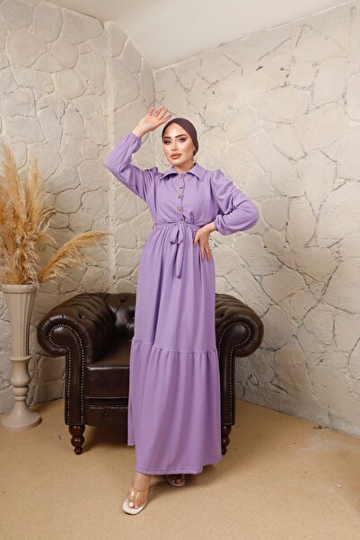 MODAEFA Rochie Hijab lejeră cu guler cămașă din bumbac