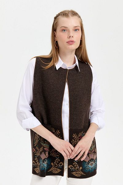 Desen Triko Women's Knitwear Open Front Araboy Wool Vest Dark Brown
