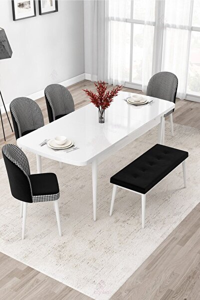 Canisa Jul Serisi 80x132 Açılabilir Beyaz Yemek Odası Takımı 4 Kazayağı Sandalye Ve 1 Bench
