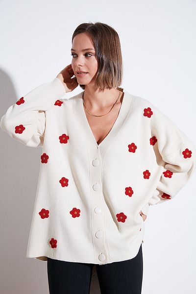 Lela Soft Acrylic V-neck Floral Cardigan - Oversize Fit Cardigan 4616192