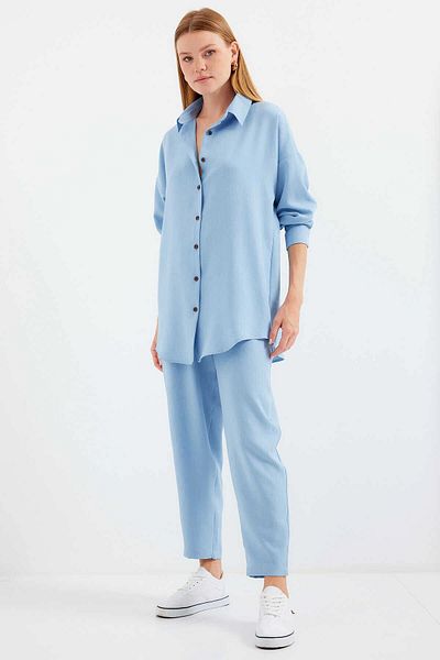 hazelin Ice Blue Linen Women's Shirt and Trousers Set - Hzl23W-Bd 166221