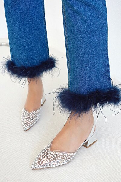 POLKA STORE Pearly Şeffaf Taş Detaylı İncili Arkası Açık Lastikli Kısa Blok Topuklu Mary Jane Kadın Ayakkabı