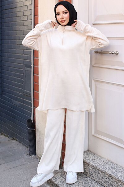 benguen 3062 Model Ecru Corded Knitwear Set - Zipper Detailed