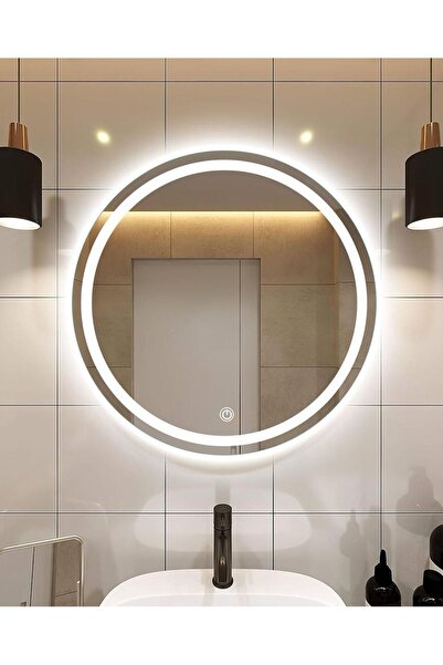 FAYMEND 90 Cm Çapında Beyaz Led'li Lavabo, Banyo, Duvar Aynası Kumlamalı (DOKUNMATİK)