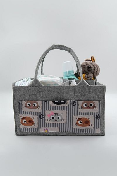 JASPER Cat Figured Patterned Gray Felt Mother Baby Care Bag Organizer