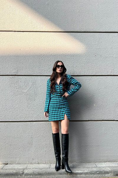 Seda Yalçın Atelier Blue Tweed Buttoned Jacket Skirt Set
