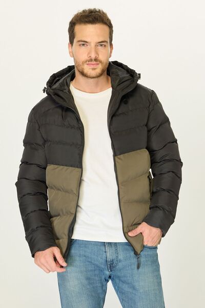 D1fference Pánská černo-khaki bunda Puffer - s kapucí, vodě a větru odolná