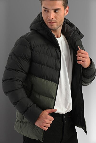 D1fference Pánský černý khaki sportovní zimní kabát s kapucí a kapucí