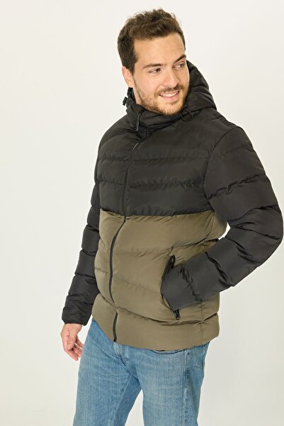 D1fference Erkek Siyah-haki Kapüşonlu Su Ve Rüzgar Geçirmez Şişme Kışlık Mont