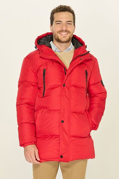 D1fference Men's Hooded Long Red Inflatable Parka - Fiber Filled, Warm, Windproof