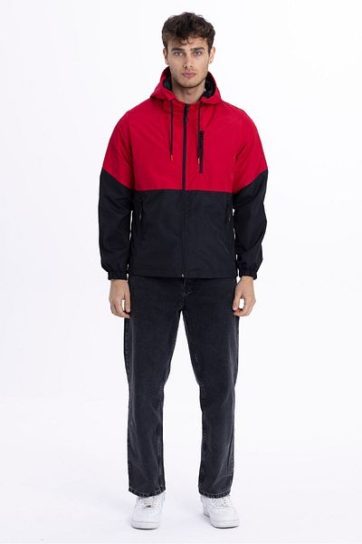 D1fference Men's Red-Black Two Color Lined Windproof Hooded Raincoat with Pockets