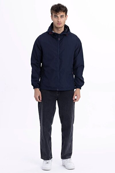 D1fference Men's Navy Blue Lined Windproof Hooded Sports Raincoat with Pockets