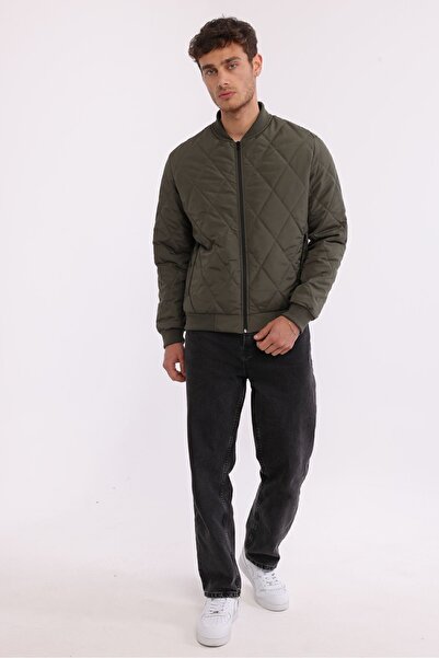 D1fference Men's Khaki College Collar Water and Windproof Quilted Patterned Fiber Padded Coat