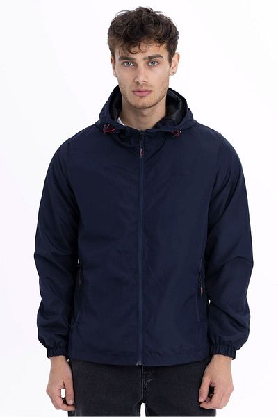 D1fference Men's Navy Blue Lined Windproof Hooded Sports Raincoat with Pockets