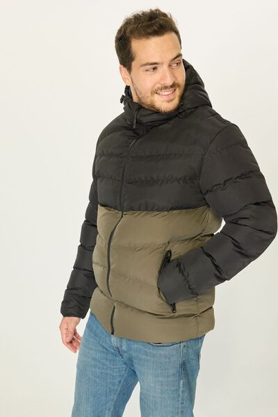 D1fference Pánská černo-khaki bunda Puffer - s kapucí, vodě a větru odolná
