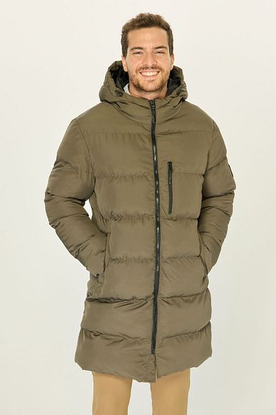D1fference Khakifarbener Puffer-Parka für Herren – Kapuze, Faserfüllung, winddicht, langer Wintermantel