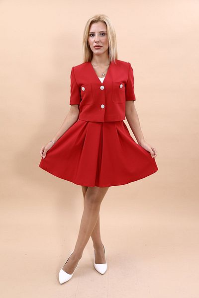 ÖNDER ÖZSOY Red Mini Jacket and Flared - Short Sleeve Collarless Set
