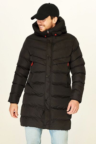 D1fference Schwarzer Puffer-Parka für Herren – mit Kapuze, winddicht, mit Fasern gefüllt, langer Wintermantel