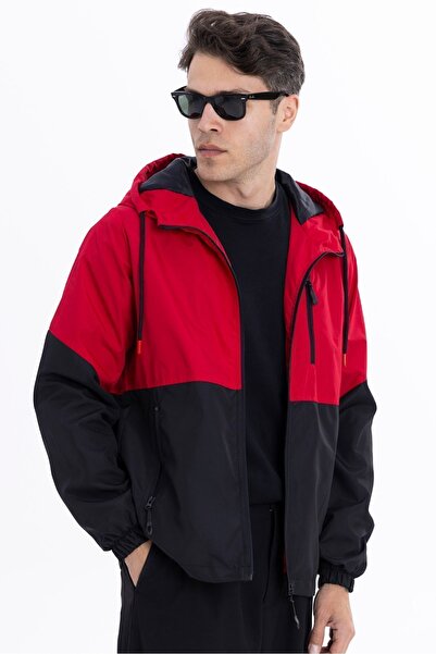 Goccix Men's Red-Black Two Color Lined Hooded Pocket Raincoat-Windbreaker
