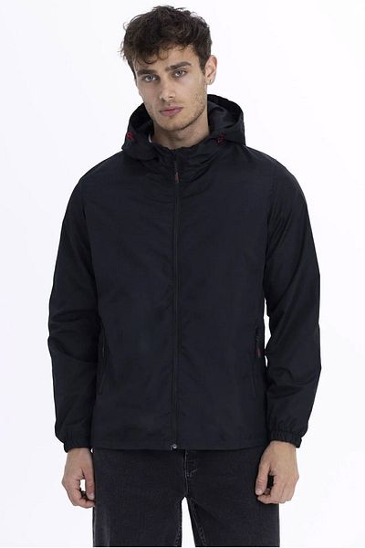 D1fference Schwarz gefütterter, winddichter Sport-Regenmantel für Herren mit Kapuze und Tasche