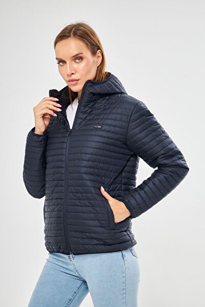 D1fference Темно-синє вітрозахисне жіноче пальто з капюшоном і кишенями