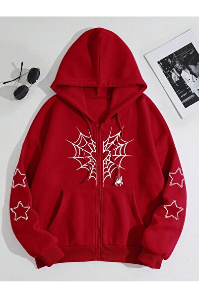 Relax&Basic Ünisex Basic Slim Fit Kapüşonlu Fermuarlı Cepli Sweatshirt Kırmızı