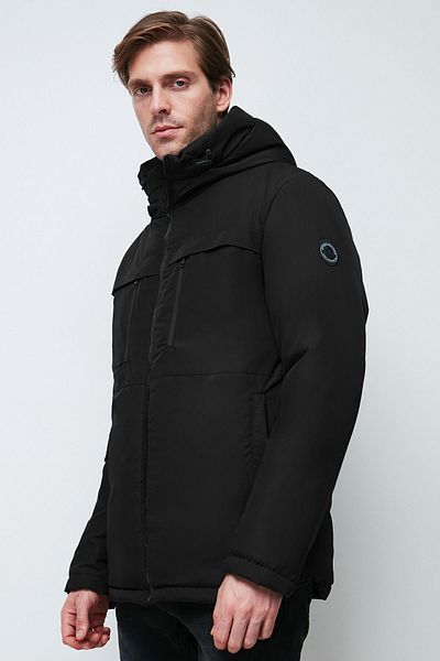 RİVERCLUP Men's Black Fiber Windproof Hooded Winter Coat & Coat & Parka