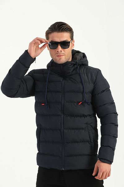 RİVERCLUP Men's Navy Blue Lined Hooded Windproof Puffer Winter Jacket