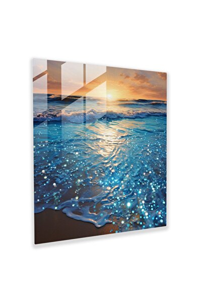 PaintedAnarchy Glitter Cam Tablo, köpüklü gümüş ve mavi okyanus gün batımı, p...