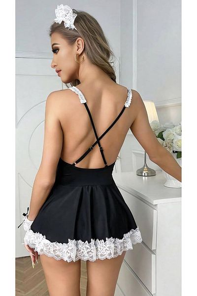 Cooqpoo Costum de servitoare fantezie sexy - cu glugă, fustă scurtă cu volane, mărime S/M-L/XL