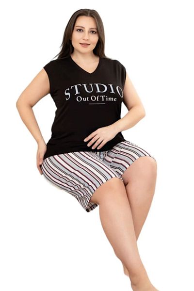 Cooqpoo Μαύρο ριγέ μοτίβο 2XL-3XL-4XL Αμάνικο σορτς κοστούμι