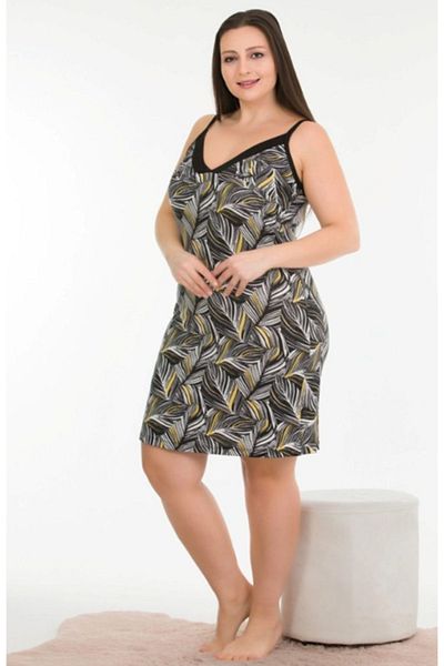 Cooqpoo Μεγάλο μέγεθος 2xl-3xl-4xl Νυχτικό φόρεμα με σχοινί με μοτίβο γκρι τουνίκ