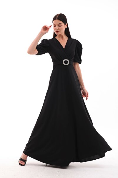 migi life likralı kumaş kruvaza yaka kemerli maxi boy kloş şık elbise