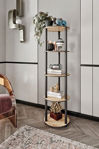 Halımax Libra Meşe Kahverengi Kitaplık Çok Amaçlı Yuvarlak 5 Raflı Sehpa