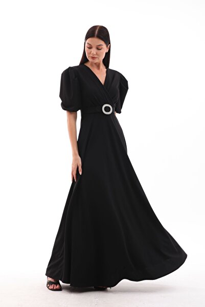 migi life likralı kumaş kruvaza yaka kemerli maxi boy kloş şık elbise