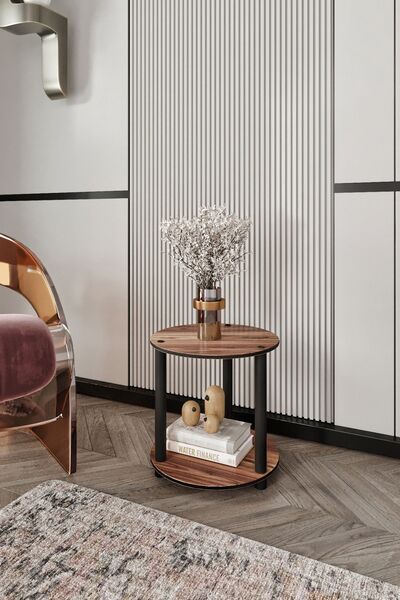 Halımax Libra Ceviz Kahverengi Kitaplık Çok Amaçlı Yuvarlak Raflı Sehpa