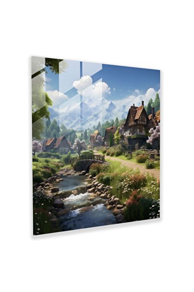 PaintedAnarchy Tranquil Valley Village Glass Painting - Village, Glass Art, H...