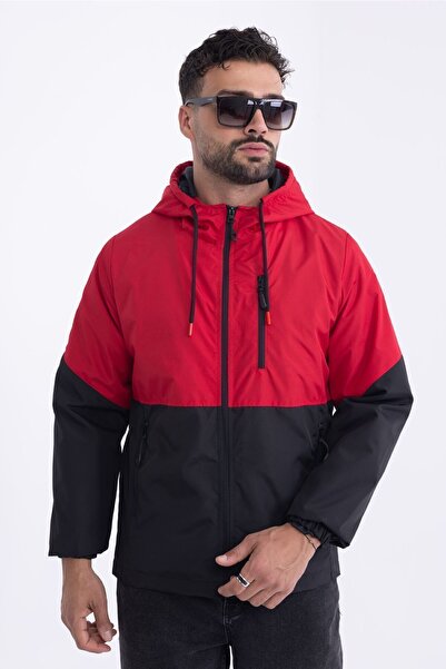 river green معطف واق من المطر للرجال باللونين الأحمر والأسود مبطن بجيب وغطاء ...