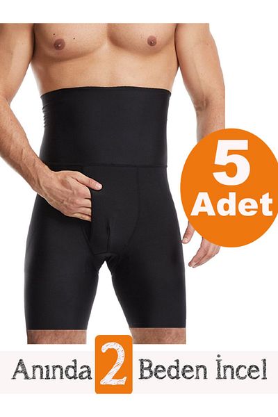 Cooqpoo 5 Pieces Men's High Waist Seamless Boxer Corset - Belly Firming, Black
