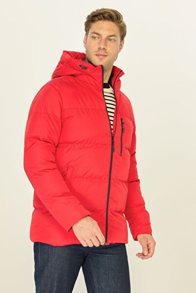 RİVERCLUP Erkek Kırmızı Elyaflı Kapüşonlu Rüzgar Geçirmez Şişme Kışlık Mont