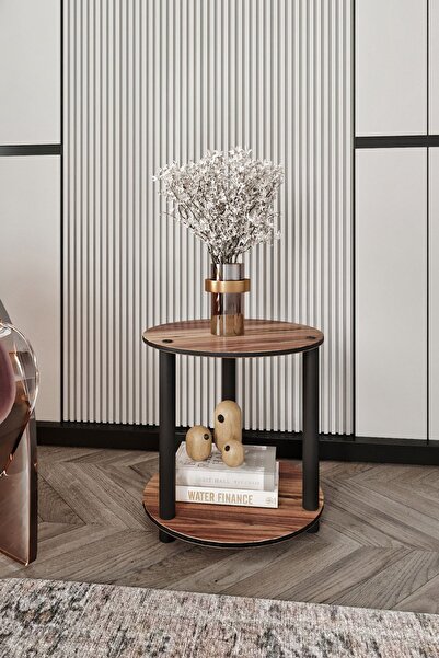 Halımax Libra Ceviz Kahverengi Kitaplık Çok Amaçlı Yuvarlak Raflı Sehpa