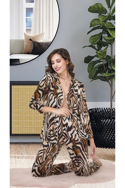 Cooqpoo Σετ γυναικεία πιτζάμες με μακρυμάνικο λεοπάρ με λεπτά κουμπιά S/m-l/xl