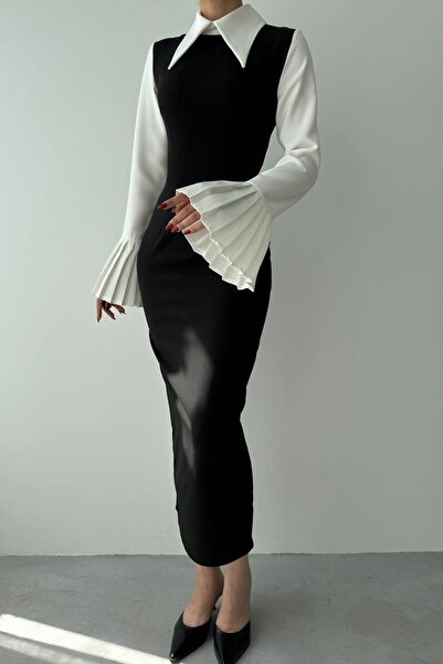 bayansepeti Gömlek Yaka Kolları Pilise Detaylı Siyah Midi Kalem Abiye Elbise 278