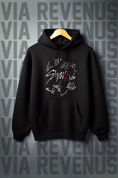 Vordevia Hanorac negru cu glugă Stray Kids cu 3 fire de buzunar cangur - cu ș...